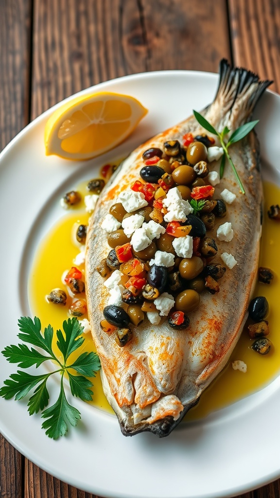 Baked branzino topped with olive tapenade and feta, garnished with parsley and lemon on a wooden table.